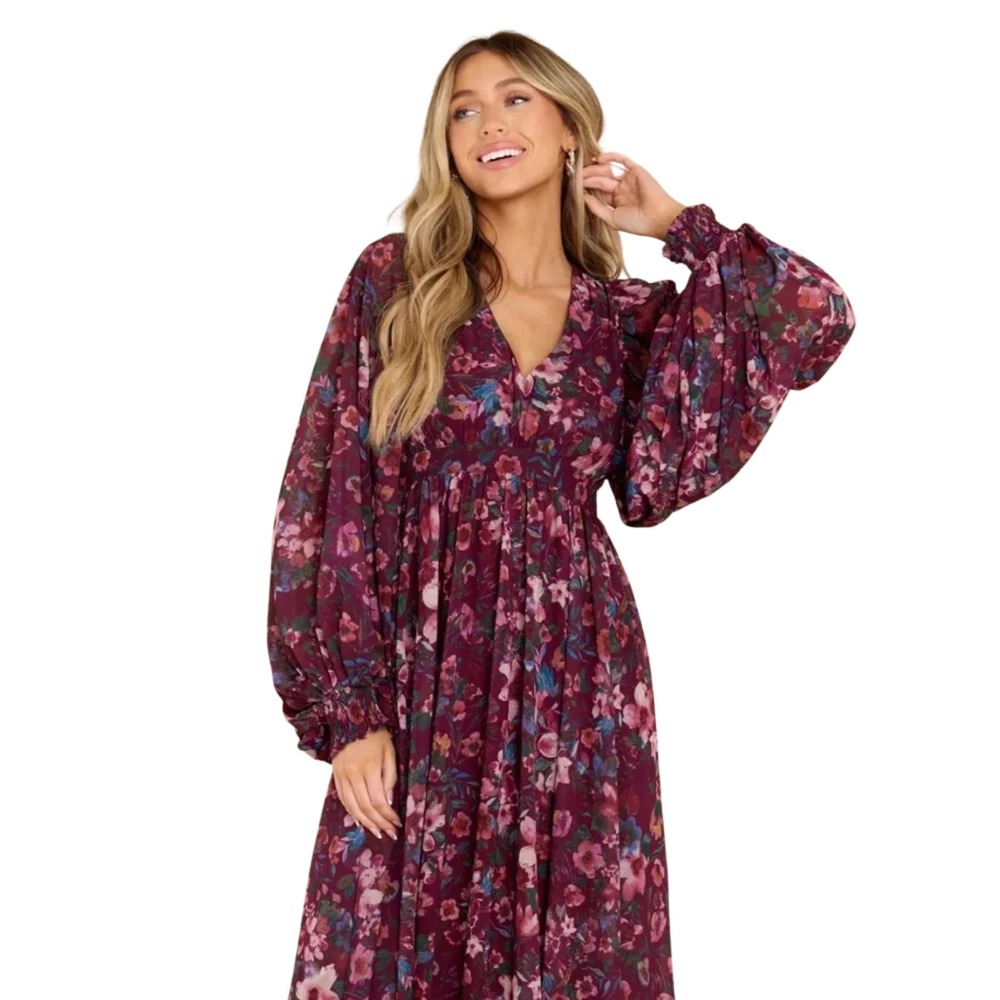 Aura Maxi Dress Colorful Floral XS V-Neck Empire Waist Balloon Sleeve Prairie - Picture 4 of 13